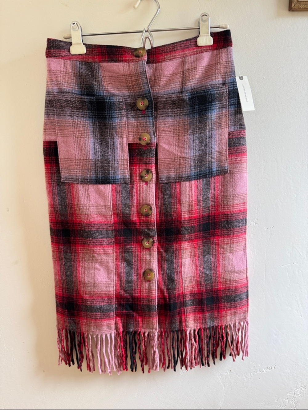 Maeve Pink Plaid Button-Front Midi Skirt with Fringe